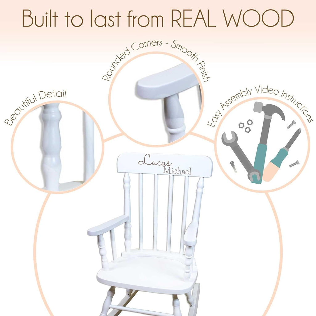 My Bambino Childrens Personalized Rocking Chair White Wood Engraved with Toddler Name | Baby Shower & Birthday Gift