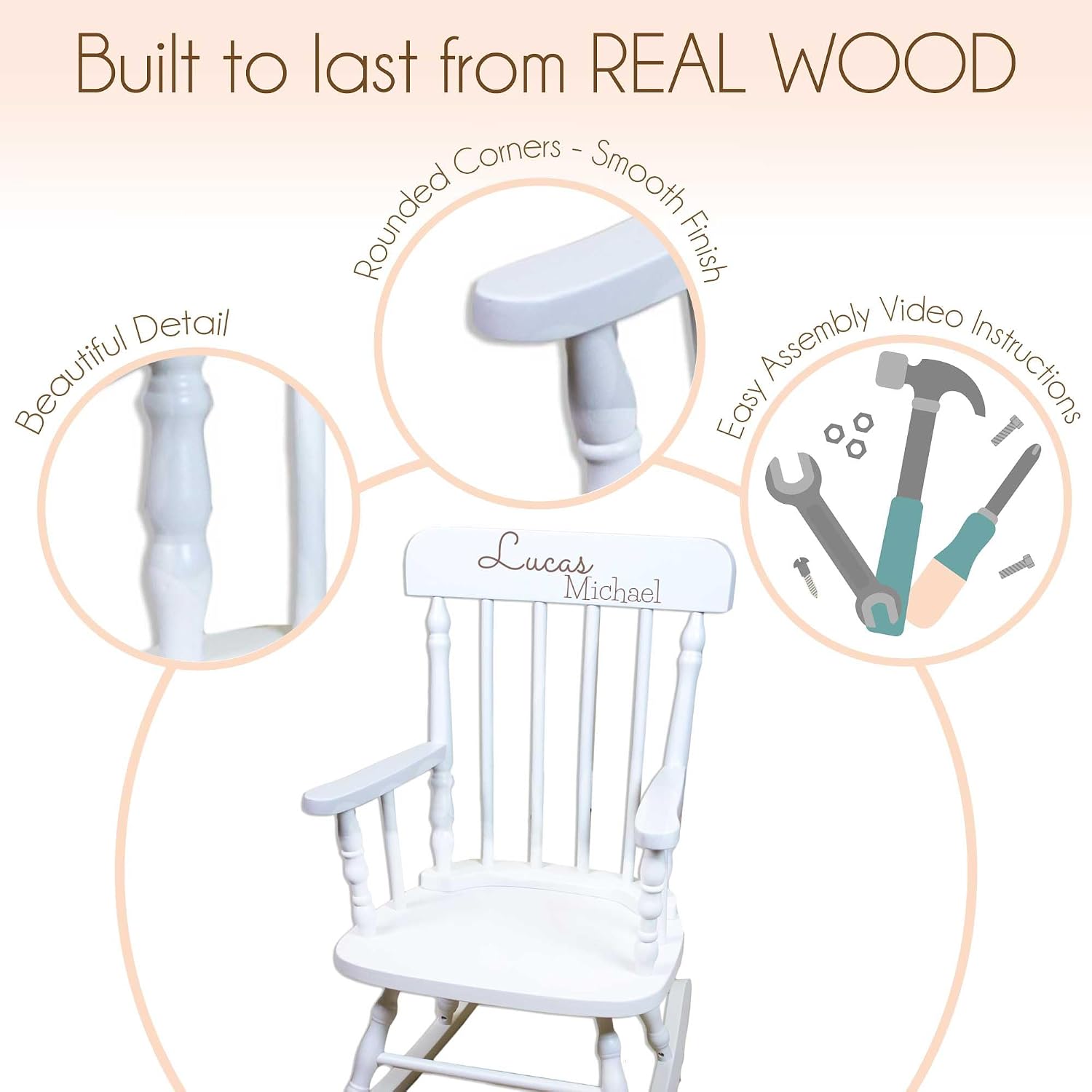 My Bambino Childrens Personalized Rocking Chair White Wood Engraved with Toddler Name | Baby Shower & Birthday Gift