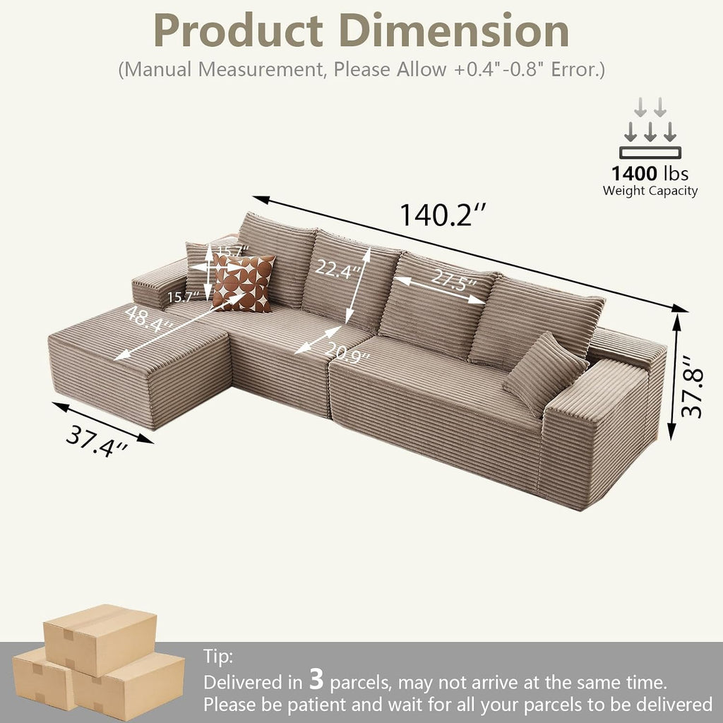 140' L Shaped Cloud Sectional Couch for Living Room, Modular Floor Deep-Seat Sofa, Big Comfy Corduroy Couches Set with Fluffy Memory Foam for Living Room Bedroom, No Assembly Required, Camel