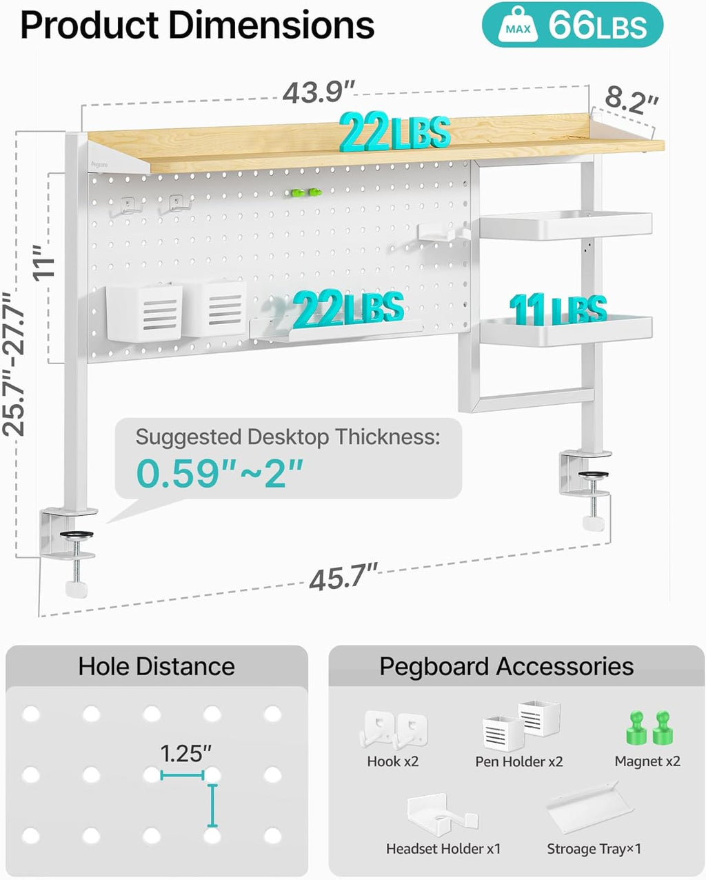 PEGZONE Clamp on Desk Shelf, 44' Desktop Shelving System with Pegboard and Accessories, Desktop Organizer with 2-Tier Shelf, Desk Pegboard for Gaming Office, White