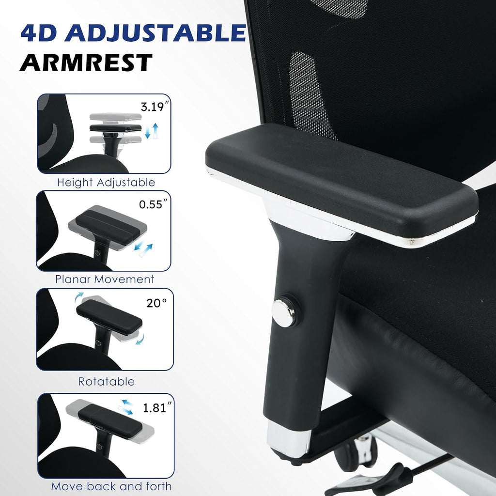 BOSMILLER 700lbs Big and Tall Office Chair with Wide Thick Seat Cushion for Sitting All Day,Ergonomic Mesh Desk Chair with Adjustable Lumbar Support and Headrest for Heavy People,4D Armrests