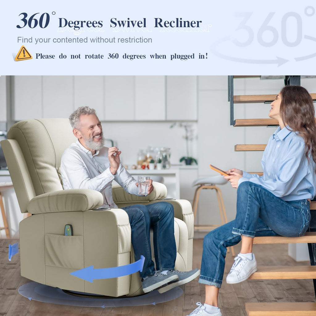 FURNIMAT Recliner Chairs for Adults, Massage Rocker with Heated Modern Ergonomic Lounge 360 Degree Swivel Single Sofa Seat Living Room Lounge Recliners Ivory White