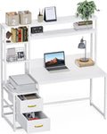 LITTLE TREE White Computer Desk with Drawers and Hutch, 55' Gaming Desk with Storage Shelves, Modern Wooden Study Writing Desk for Bedroom Home Office