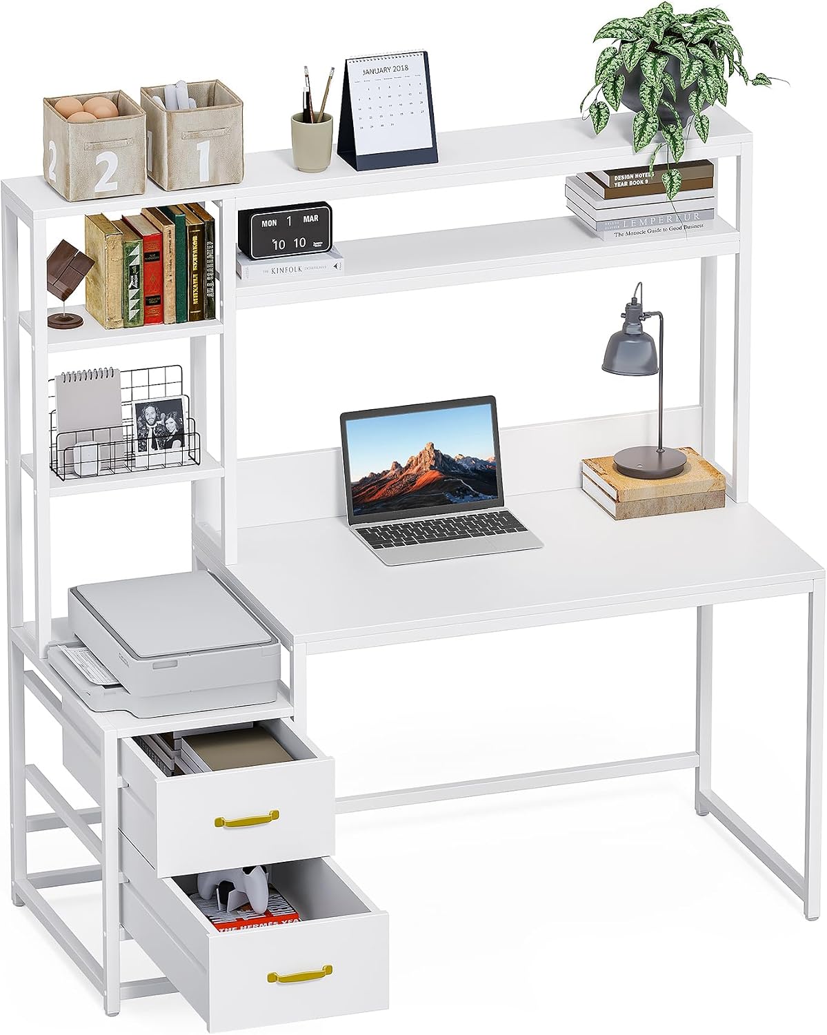LITTLE TREE White Computer Desk with Drawers and Hutch, 55' Gaming Desk with Storage Shelves, Modern Wooden Study Writing Desk for Bedroom Home Office
