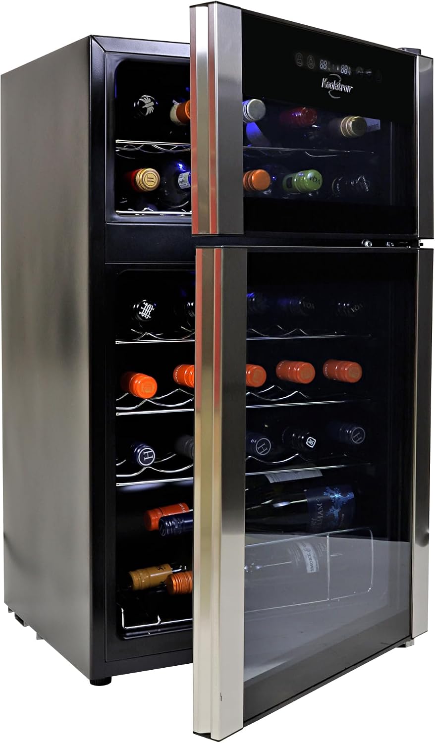 Koolatron 29 Bottle Wine Fridge – Wine Cooler with Glass Door, 3 Cu ft (86 L) Beverage Can Refrigerator, Digital Temperature Control/Dual temperature zone, Ideal for White, Red & Sparkling Wine