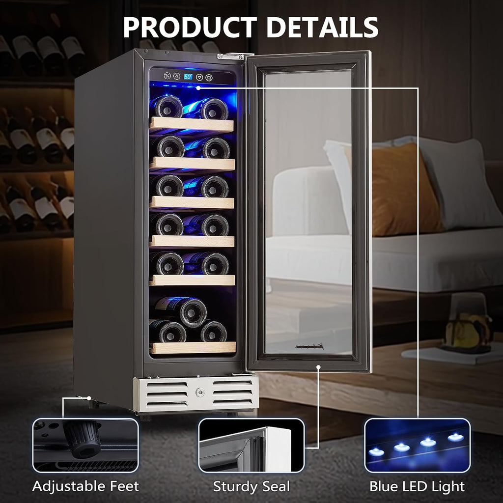 Kalamera Wine Fridge 18 Bottle - 12 inch Mini Cooler Refrigerator, Built-in or Freestanding, with Stainless Steel & Double-Layer Tempered Glass Door, and Temperature Memory Function