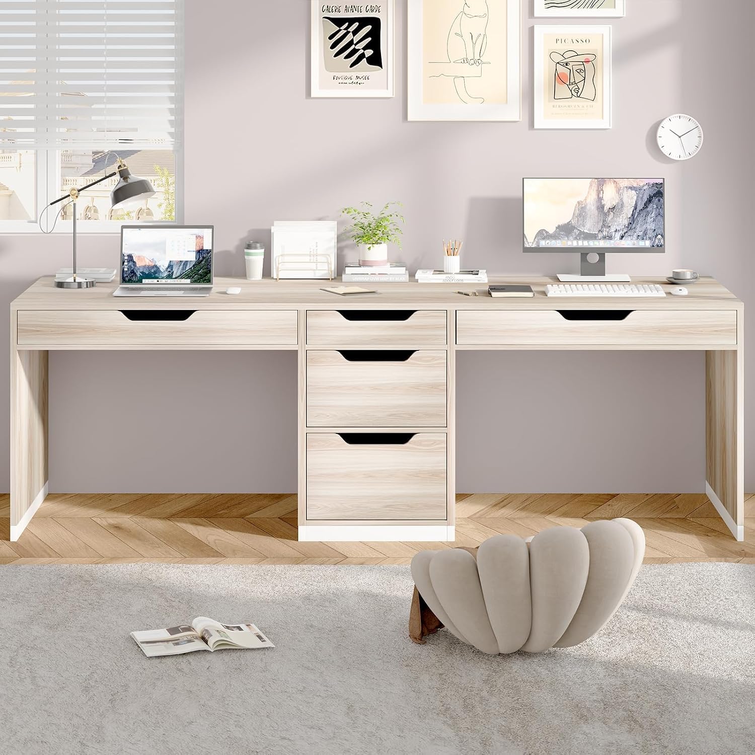 MaverickFurni Two Person Desk with 5 Drawers, Double Desk with Storage for 2 People, 78 Inch Extra Long Computer Desk Workstation with File Drawer for Home Office, White and Walnut