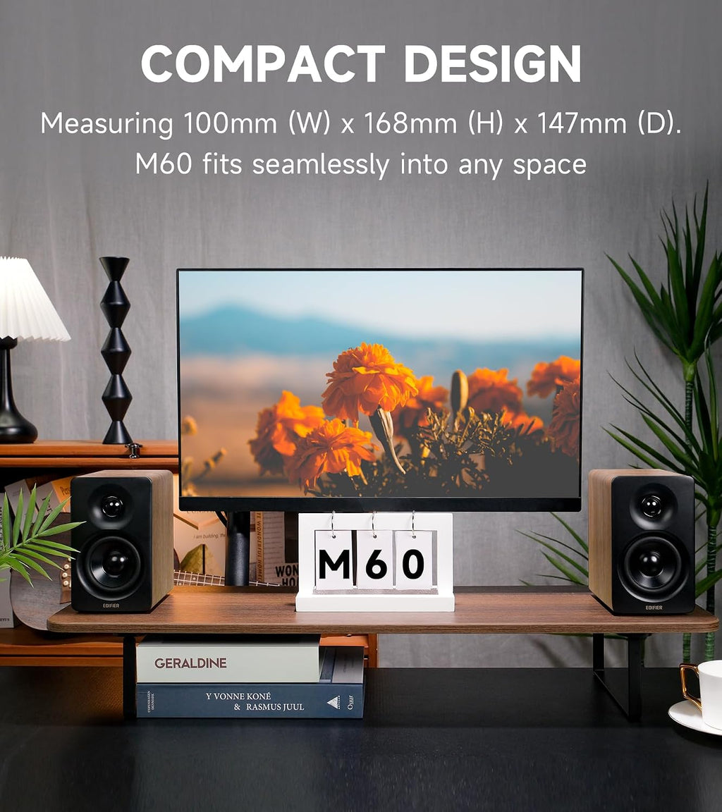 Edifier M60 Multimedia Speaker Bluetooth 5.3, 66W RMS, Hi-Res Audio & Hi-Res Wireless Audio, LDAC,3' Mid Bass & 1' Tweeter, USB-C & Aux Inputs, Compact Desktop Speaker – Classic Oak