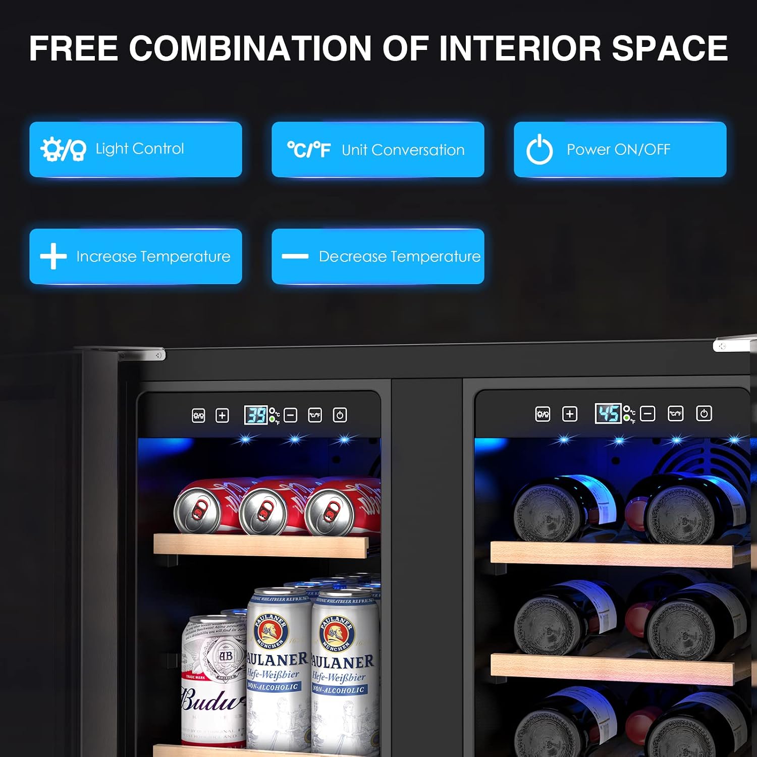 Mojgar Wine and Beverage Refrigerator, 24 Inch Dual Zone Wine Fridge with Two Safety Locks, Under Counter Wine Cooler Fridge Built-In or Freestanding, Holds 20 Bottles and 57 Cans (Double Glass Door)