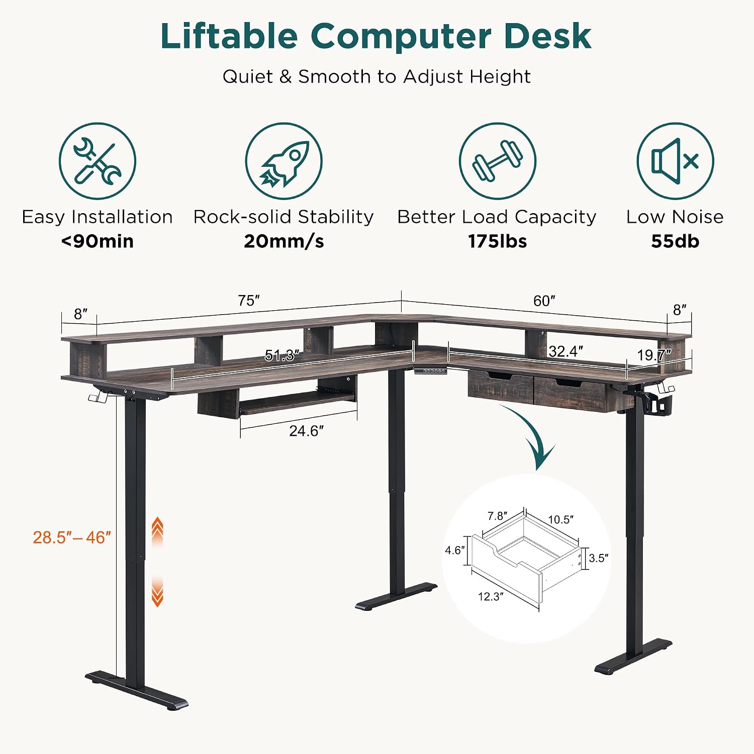 RedLemon 75X60 Inches L Shaped Electric Standing Desk,Height Adjustable Corner Gaming Desk with Drawers, Keyboard Tray, Power Outlets & LED Lights, Computer Desk with Monitor Shelf, Dark Rustic Oak