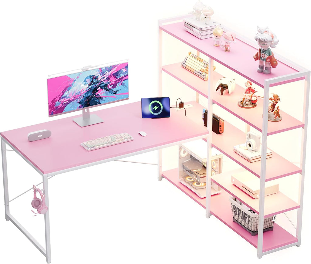Pamray L Shaped Computer Desk with Reversible Side Storage Shelves, 49 Inch Gaming Desk with Power Outlets and Led Lights, PC Table for Home Office and Bedroom Pink