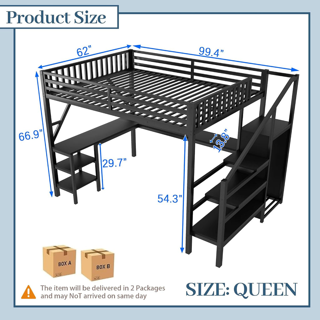 Queen Size Loft Bed with Desk & Stairs, Metal Loft Bed Frame with Storage Shelves, Charging Station & LED Light, Gaming Loft Beds with Wardrobe for Kids Teens Adults, Black