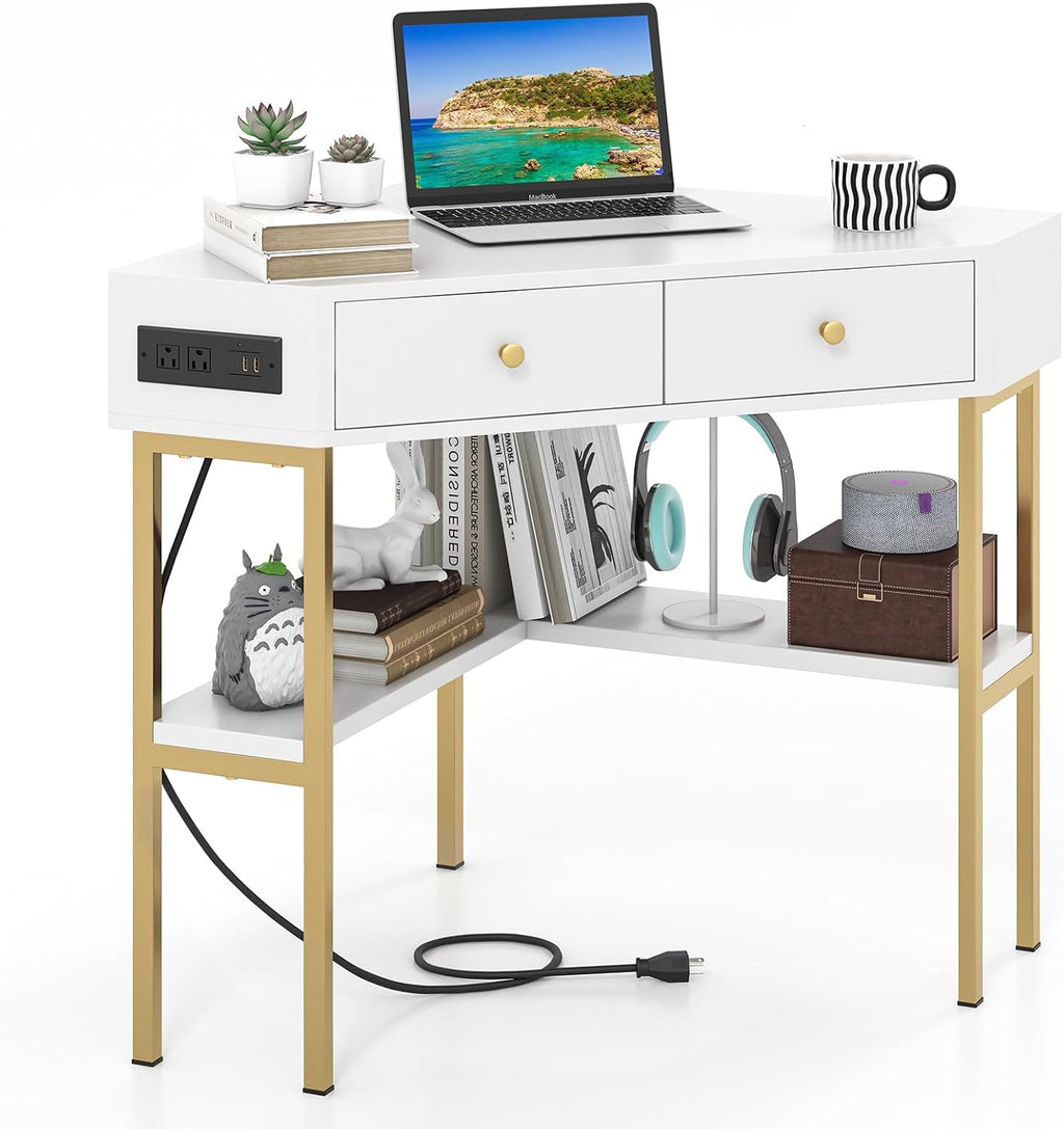 Tangkula White Corner Desk with 2 Drawers & Built-in Charging Station, 90 Degrees Triangle Computer Desk for Small Space, Bedroom Makeup Vanity Desk with Shelves, Corner Writing Desk