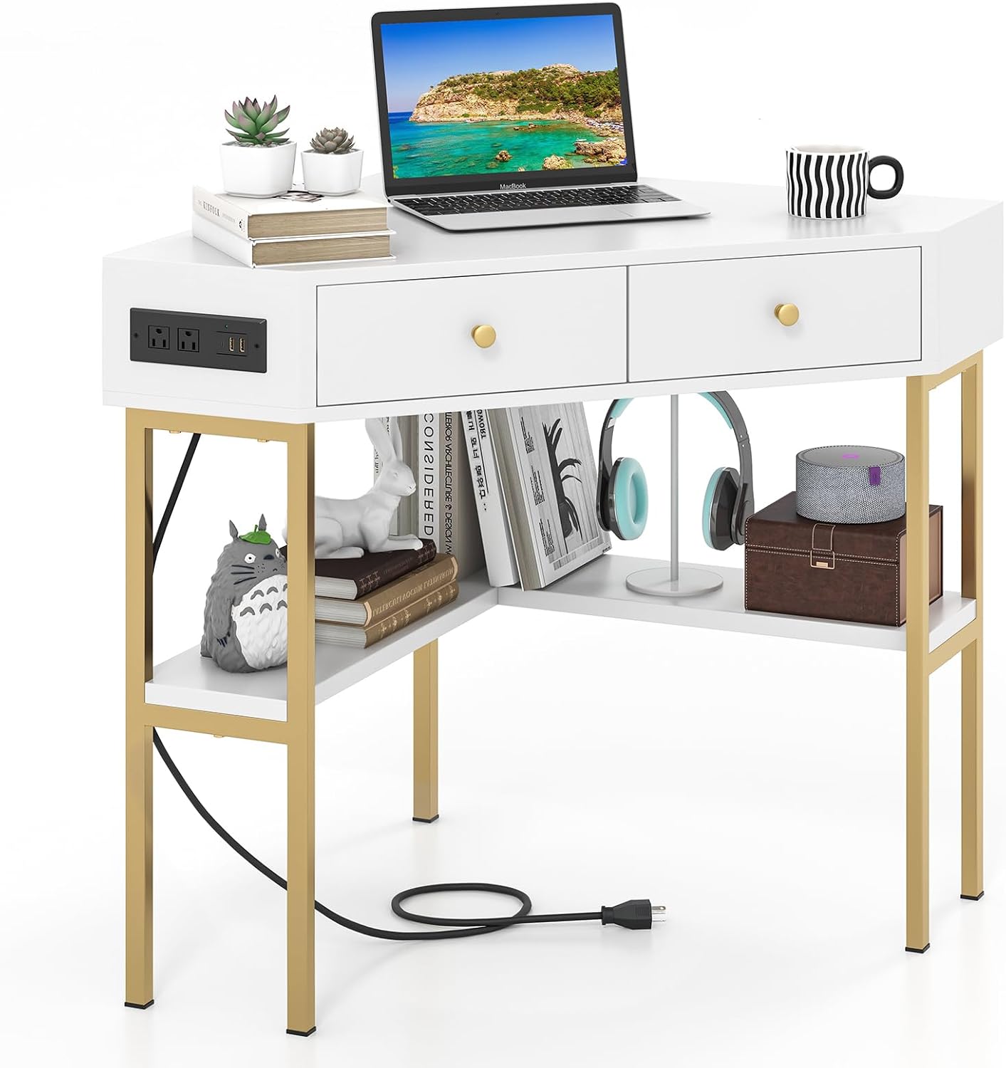 Tangkula White Corner Desk with 2 Drawers & Built-in Charging Station, 90 Degrees Triangle Computer Desk for Small Space, Bedroom Makeup Vanity Desk with Shelves, Corner Writing Desk