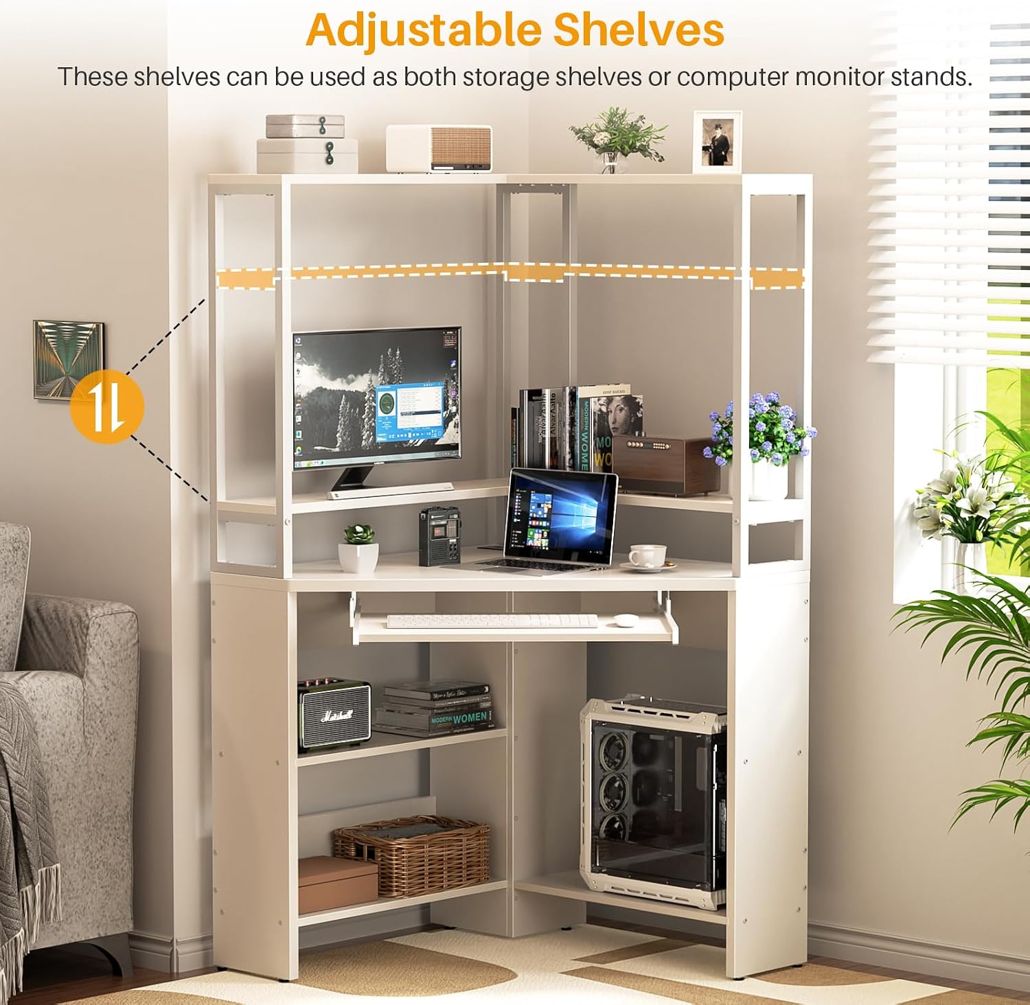 Armocity Corner Desk with Hutch and LED Light, L-Shaped Desk with Power Outlets & USB Ports, Corner Gaming Desk with Keyboard Tray and Storage Shelves, Home Office Workstation for Small Space White