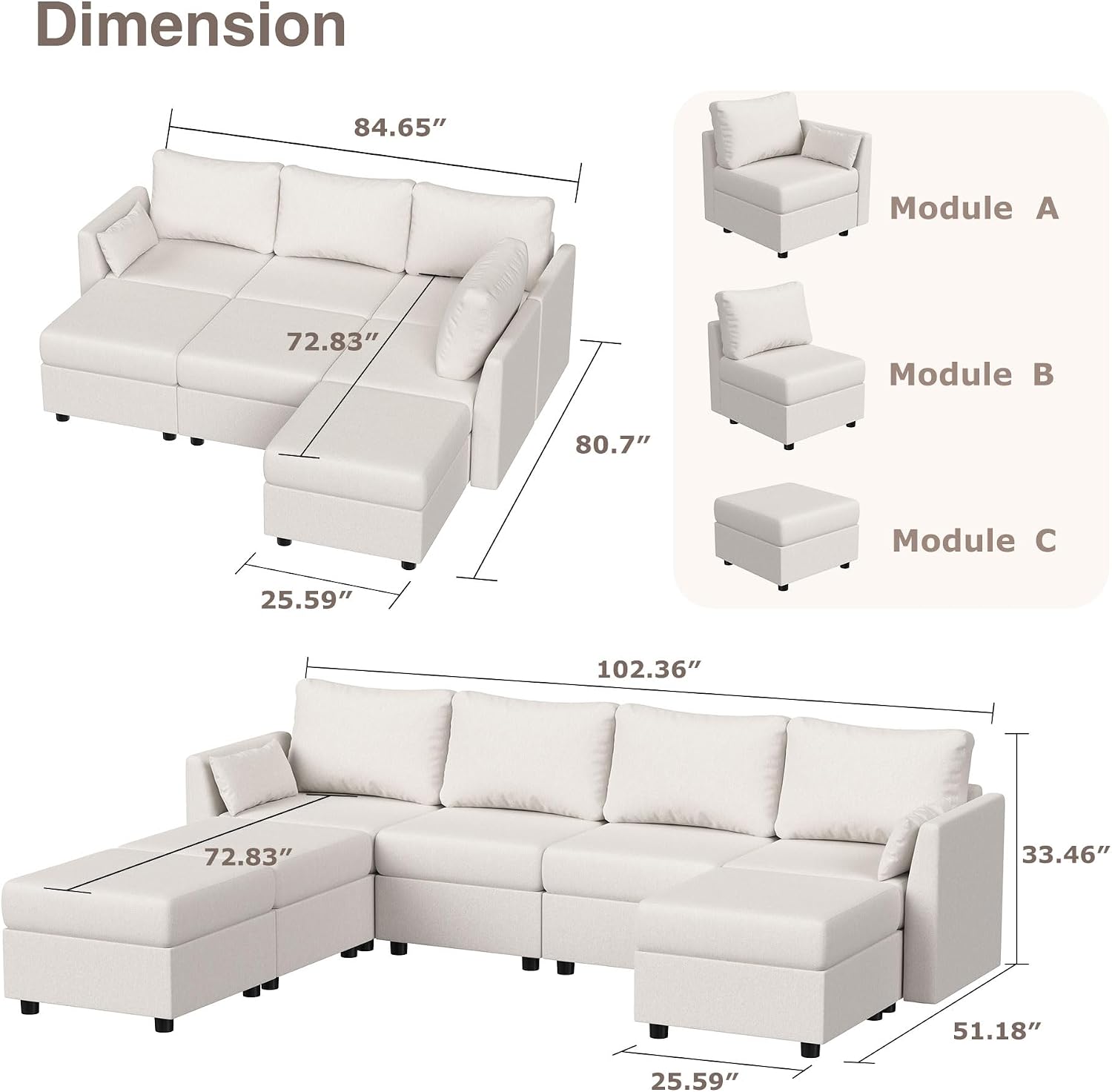 Huatean Home Modular Sectional Sofa, 7 Seat Modular Couch with Storage, Memory Foam, Convertible Sectional Couches for Living Room, L Shaped Comfy Modular Sofa with Chaise, Beige