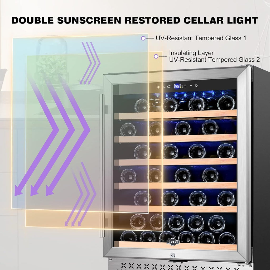 Tylza 24 Inch Wine Fridge, 54 Bottles Wine Refrigerator, Under Counter or Freestanding, 40-65°F, Lock, Double Layer Tempered Glass Door, Wine Cooler Refrigerator with Adjustable Wooden Shelves