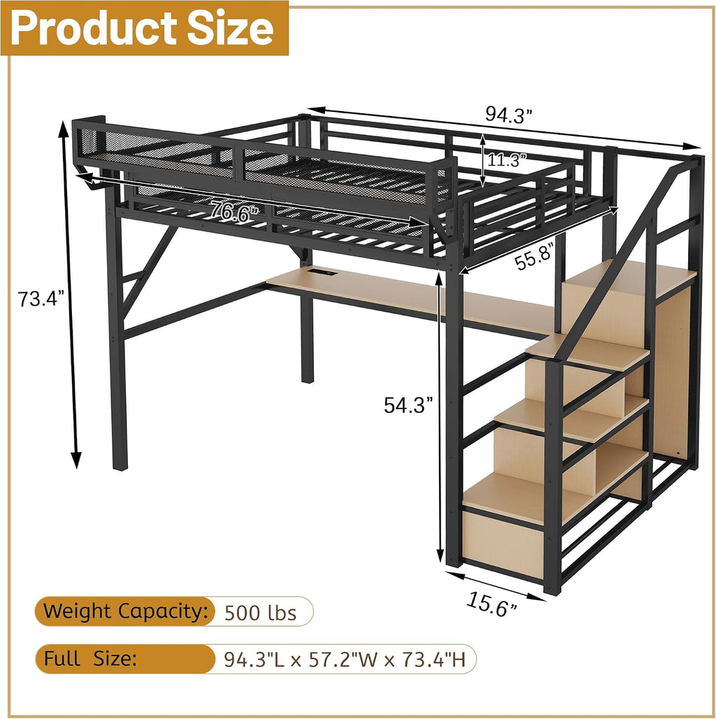 Full Size Loft Bed with Stairs & Desk, Metal High Gaming Loft Bed Full Frame with Storage Shelves, RGB Light & Charging Station, Heavy-Duty Beds with Closet for Adults,Teens, Kids, Black