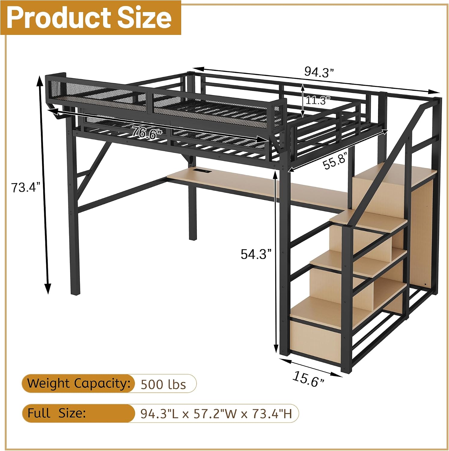 Full Size Loft Bed with Stairs & Desk, Metal High Gaming Loft Bed Full Frame with Storage Shelves, RGB Light & Charging Station, Heavy-Duty Beds with Closet for Adults,Teens, Kids, Black