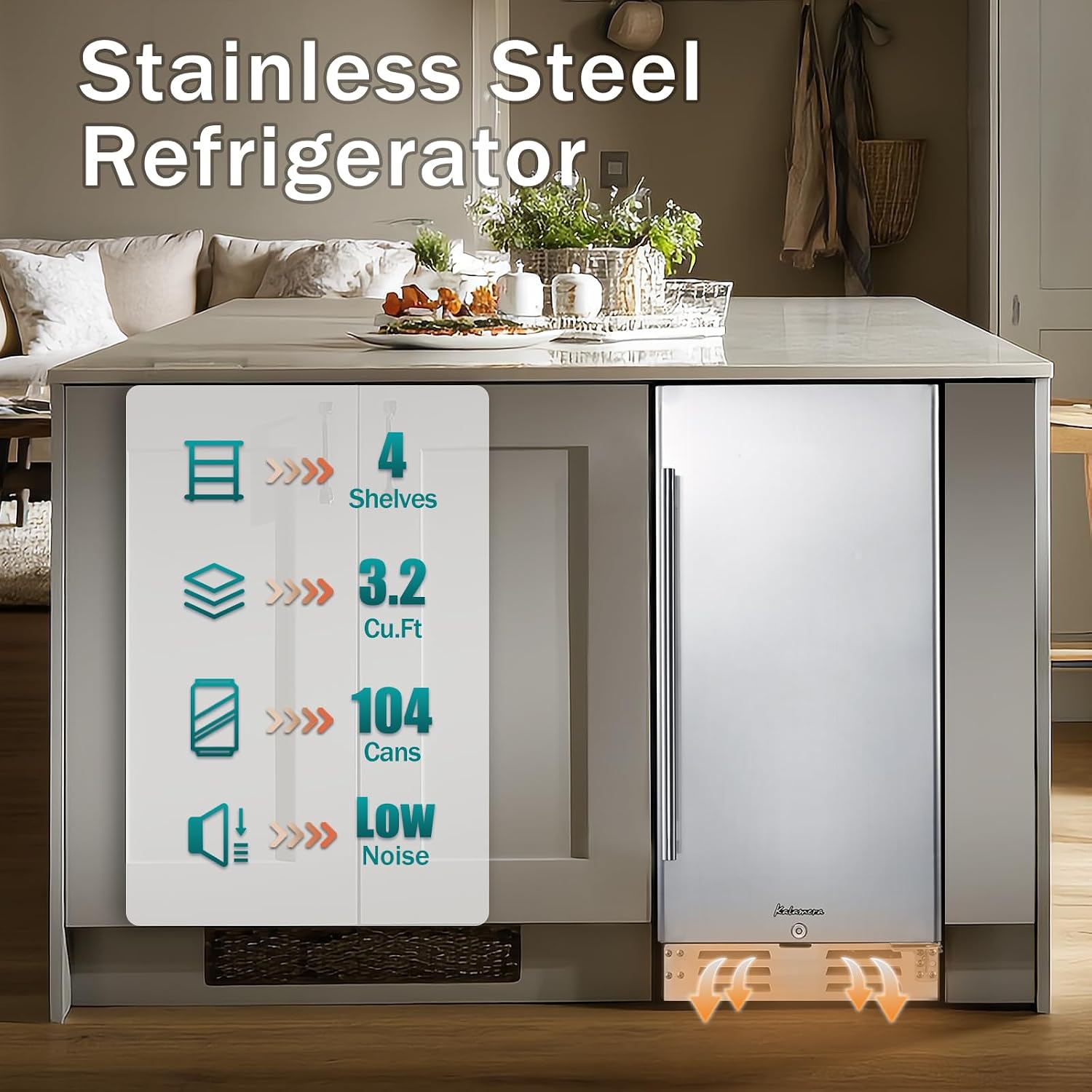 Kalamera Beverage Refrigerator, 15 inch Under Counter Beer Fridge for 104 Cans w/ 32-41℉ Temperature Range, Drink Fridge with Stainless Steel Door