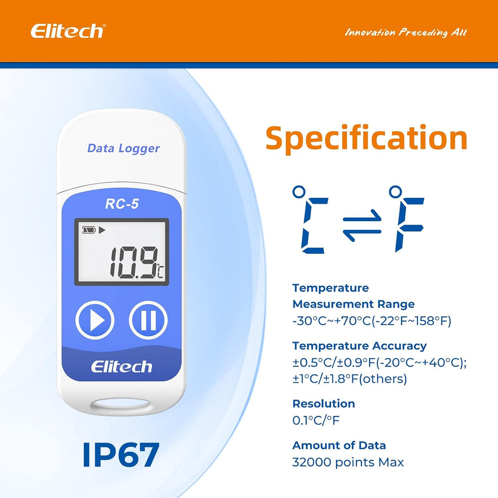 Elitech RC-5 USB Temperature Data Logger Recorder 32000 Points High Accuracy (10 Pack)
