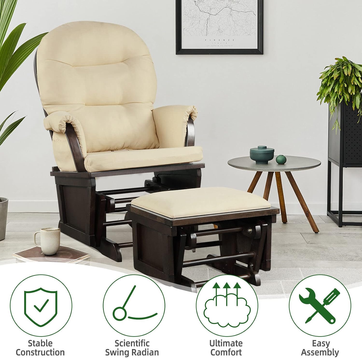 Comfortably Enjoy Rocking Chair Solid Practical Wood Construction, Incredibly Smooth Quiet Gliding Baby Nursery Relax Chair Glider Ottoman Set with Cushion