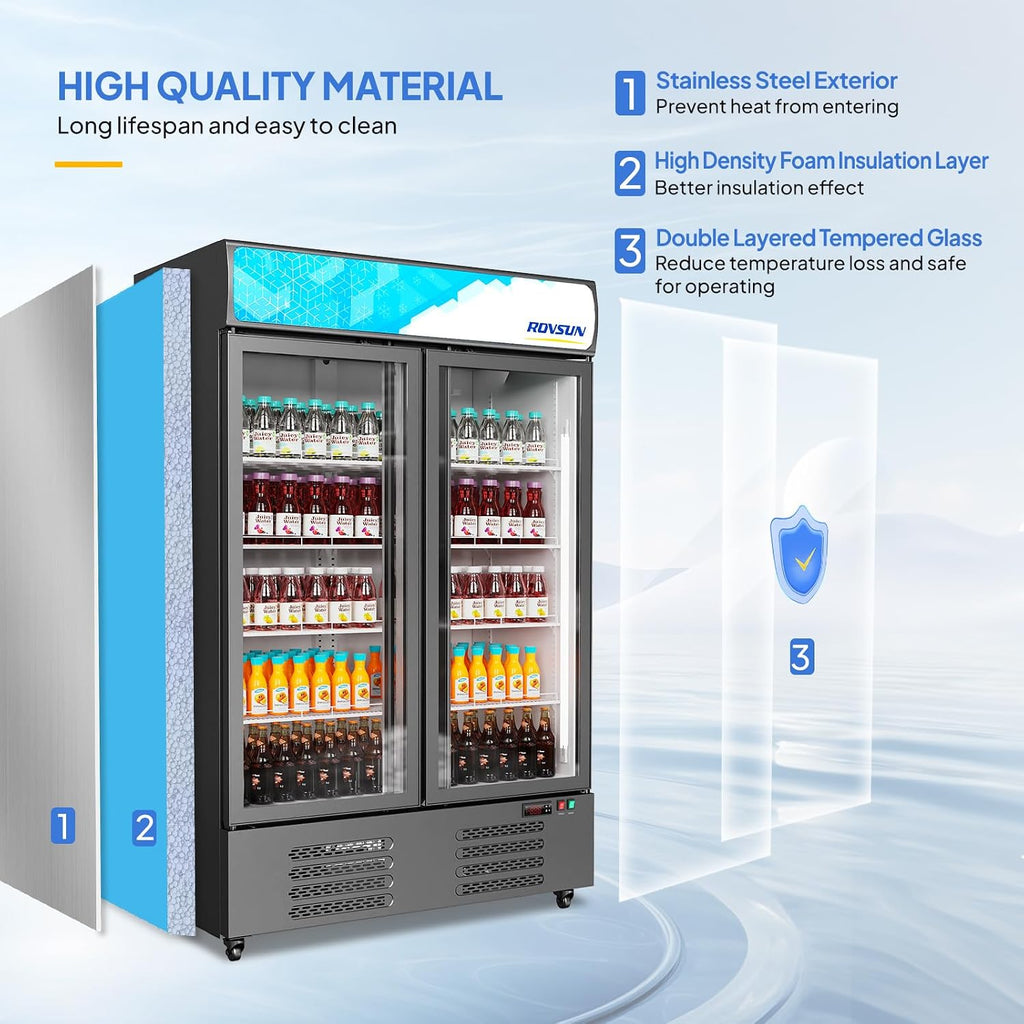 ROVSUN 35 Cu.Ft Commercial Refrigerator Display Refrigerator ETL NSF Certified, Commercial Beverage Cooler Glass Door Merchandiser Drink Fridge w/Adjustable Shelves LED Light for Bar Restaurant
