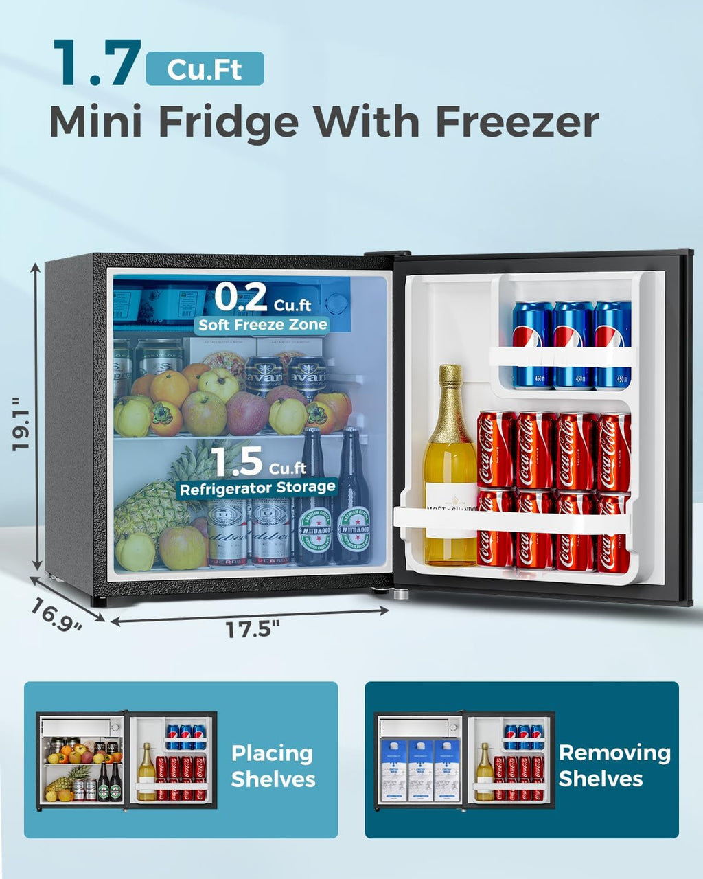 Feelfunn Mini Fridge with Freezer - 1.7 Cu.Ft Single Door Mini Refrigerator with Adjustable Thermostat, Energy Saving, Low Noise, Small Fridge for Bedroom, Office, Dorm, Apartment, Classroom - Black