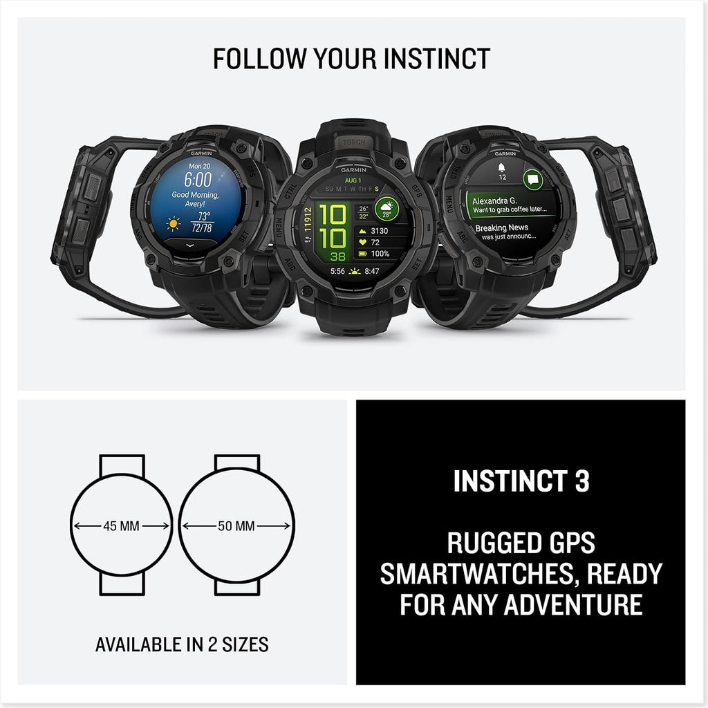 Garmin Instinct 3 Rugged 45mm Outdoor GPS Smartwatch, Black | Built to MIL-STD-810, Health Monitoring, Multi-GNSS with Signature Series Mission-Ready Power Dock