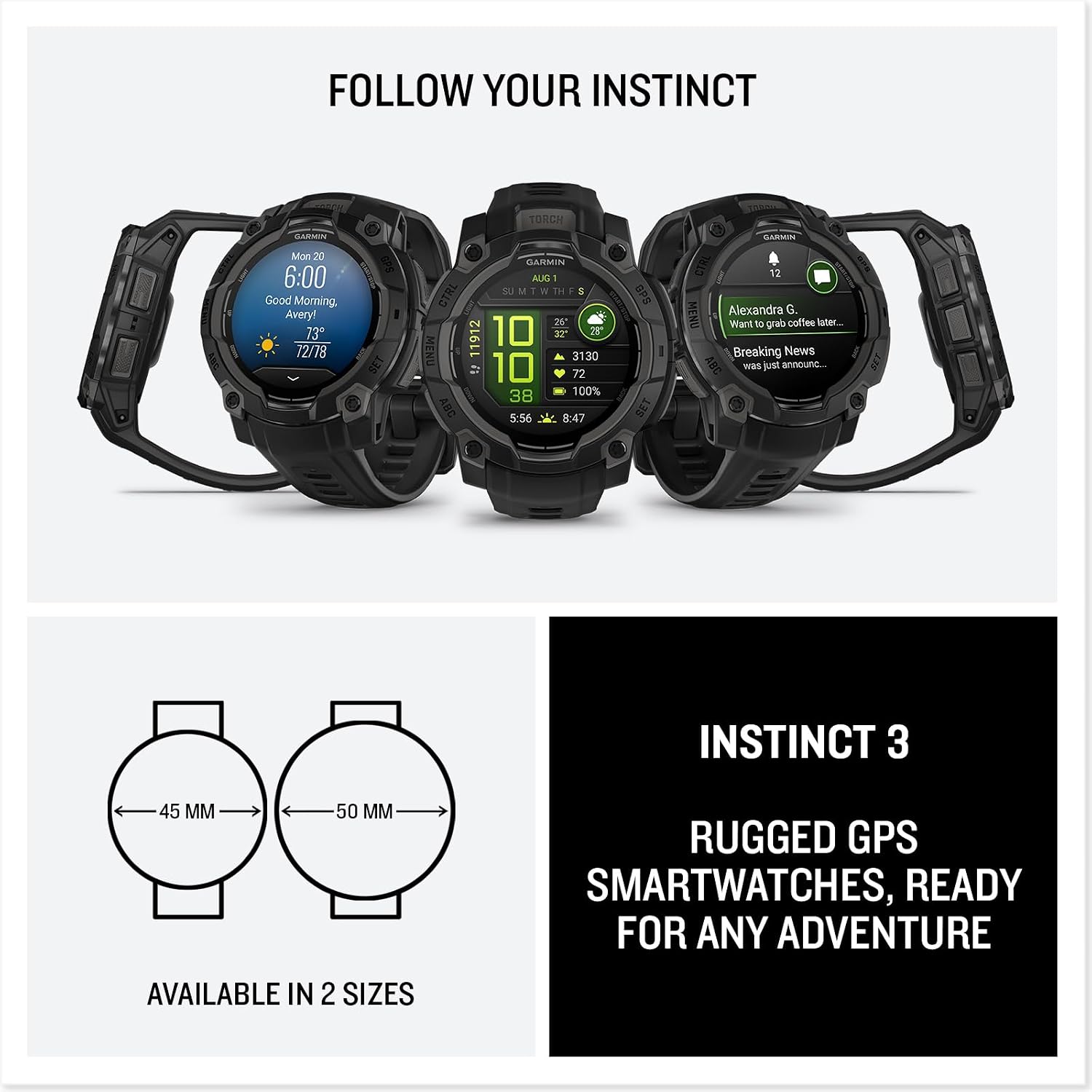 Garmin Instinct 3 Rugged 45mm Outdoor GPS Smartwatch, Black | Built to MIL-STD-810, Health Monitoring, Multi-GNSS with Signature Series Mission-Ready Power Dock
