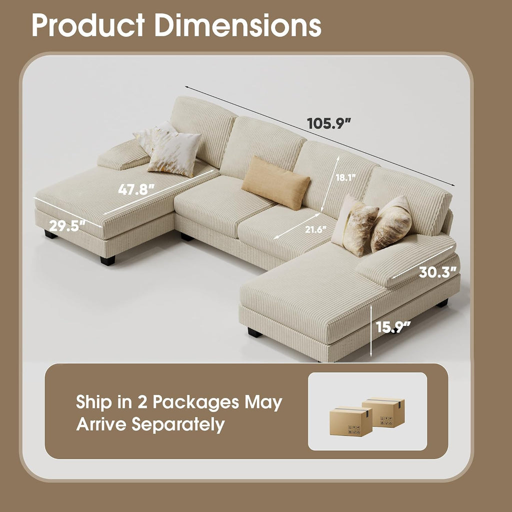 Furmax Sectional Couches for Living Room, U-Shaped Sofa Couch with Linen Fabric, 4 Seat Sofa Set with Double Chaise for Apartment (Corduroy, Beige)