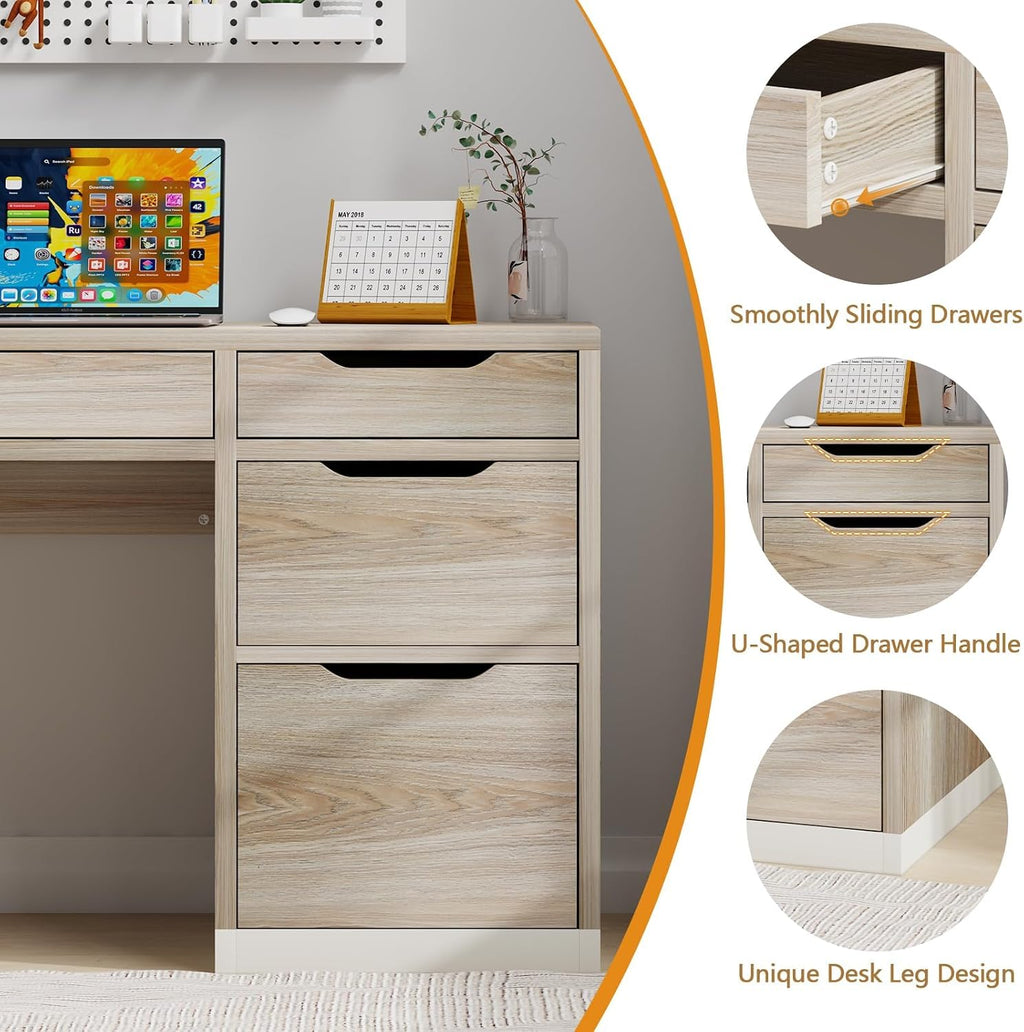 MaverickFurni 52 Inch Desk with 4 Drawers, Computer Desk with Storage File Drawer for Bedroom, Small Office Desk with Storage for Small Space, Light Walnut