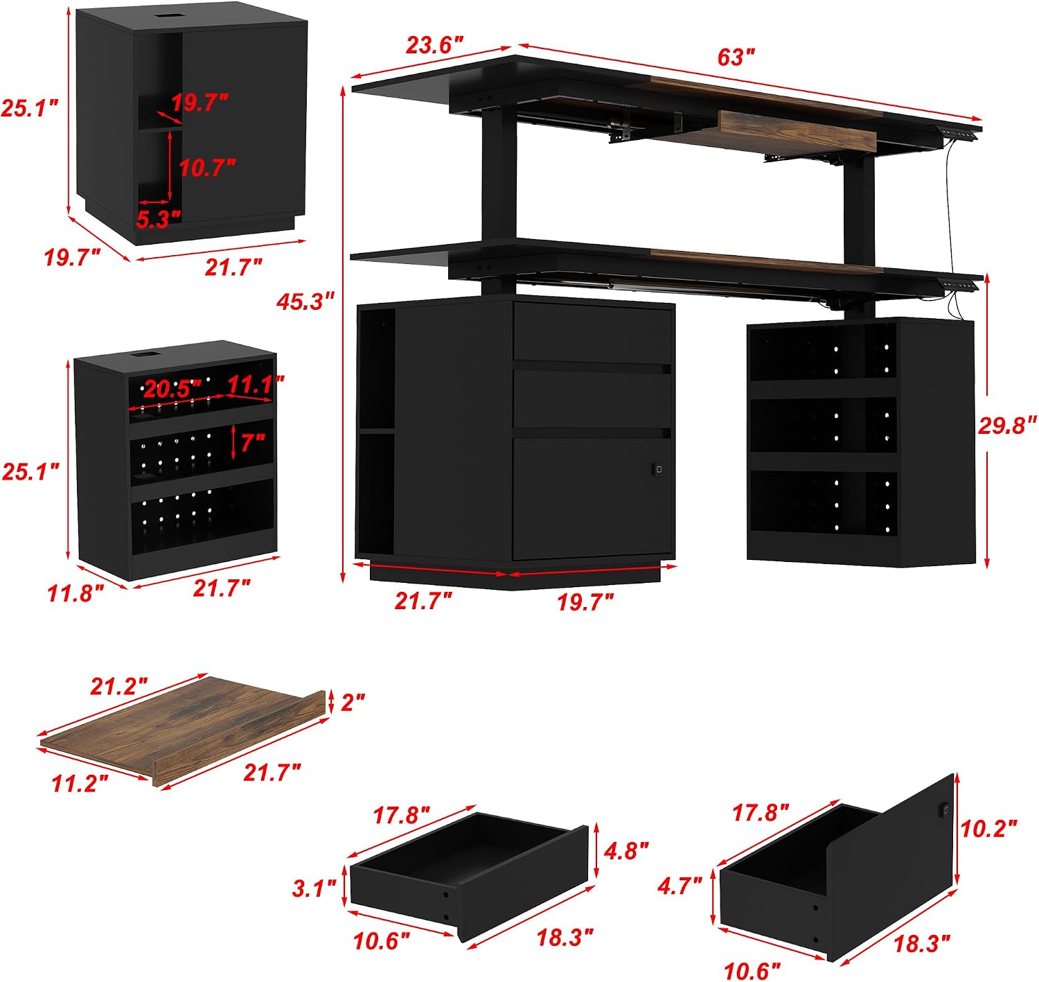 63' Electric Standing Desk with Lockable Drawer, Pegboard and Keyboard Tray, Height Adjustable Stand up Desk with File Cabinet & Shelves, Home Office Computer Gaming Table, Black