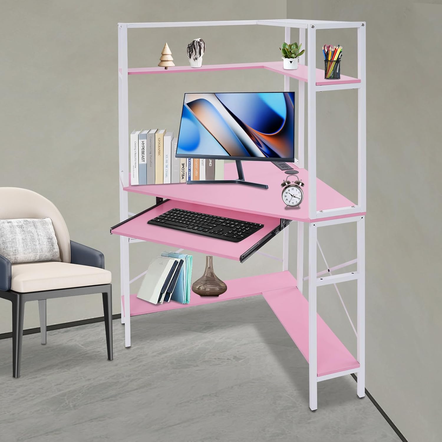 Corner Small Desk for Small Space, 29.5'*29.5'*60' Corner Computer Desk with USB Ports Triangle Gaming Desk with with RGB LED Lighting for Home Office, Living Room, Bedroom (Pink)
