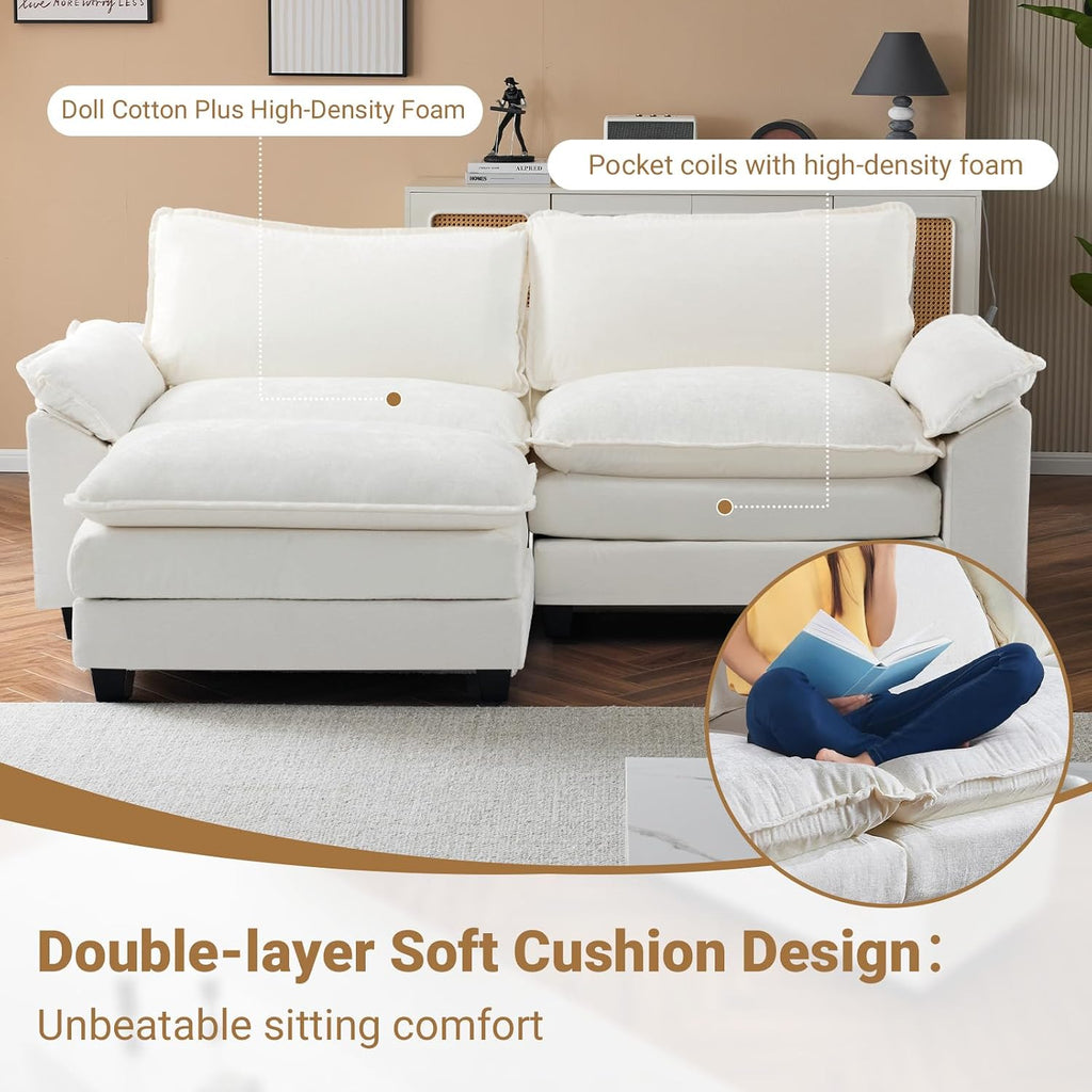 VINGLI 87' Convertible Sectional Sofa,L-Shaped Deep Seat Sofa Couch for Living Room,Modern 2-Seat Loveseat Sofa with Ottoman for Small Space(Creamy White, 87')