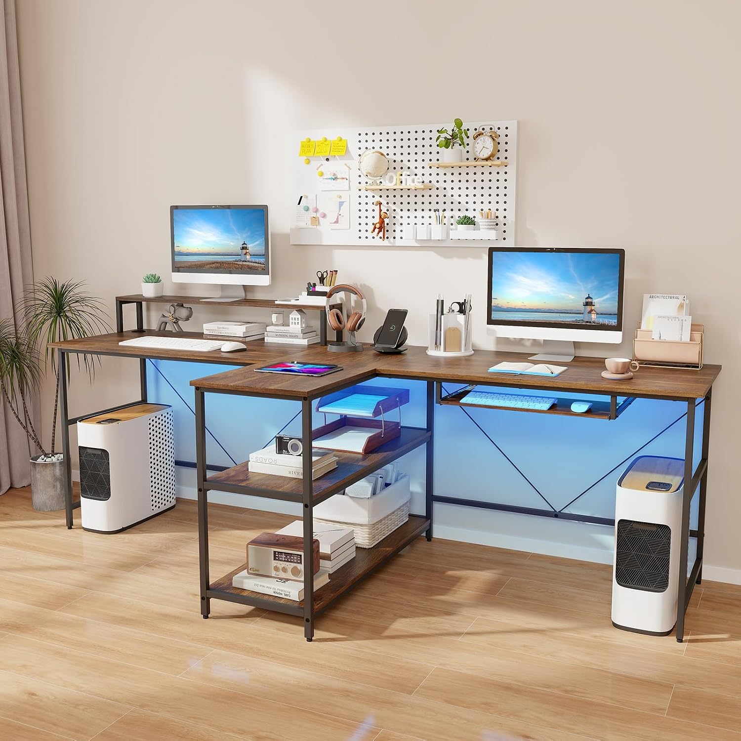 Giantex 94.5' 2 Person Desk with LED Lights, Long PC Study Desk with Storage Shelves, Power Outlets, Keyboard Tray & Monitor Stand, Double Computer Desk Workstation for Home Office (Rustic Brown)