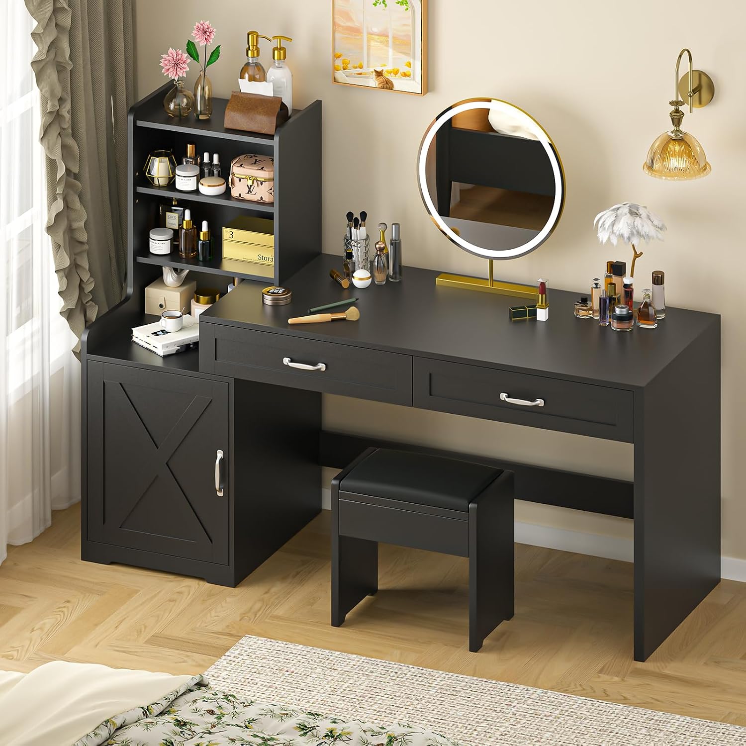 YOMILUVE 60' Computer Desk with 2 Drawer & Bookshelves, Home Office Desk with Storage Cabinet & Spacious Desktop, Writing Gaming Study Table with Bookcase, Black