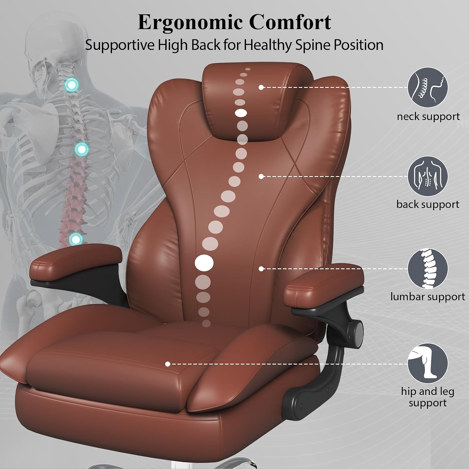 Office Desk Chair, Executive Leather Office Chair, High Back Ergonomic Home Desk Chair with Padded Flip-up Arms, Big and Tall Computer Chair with Rocking Function, 360°Swivel Free, Light Brown