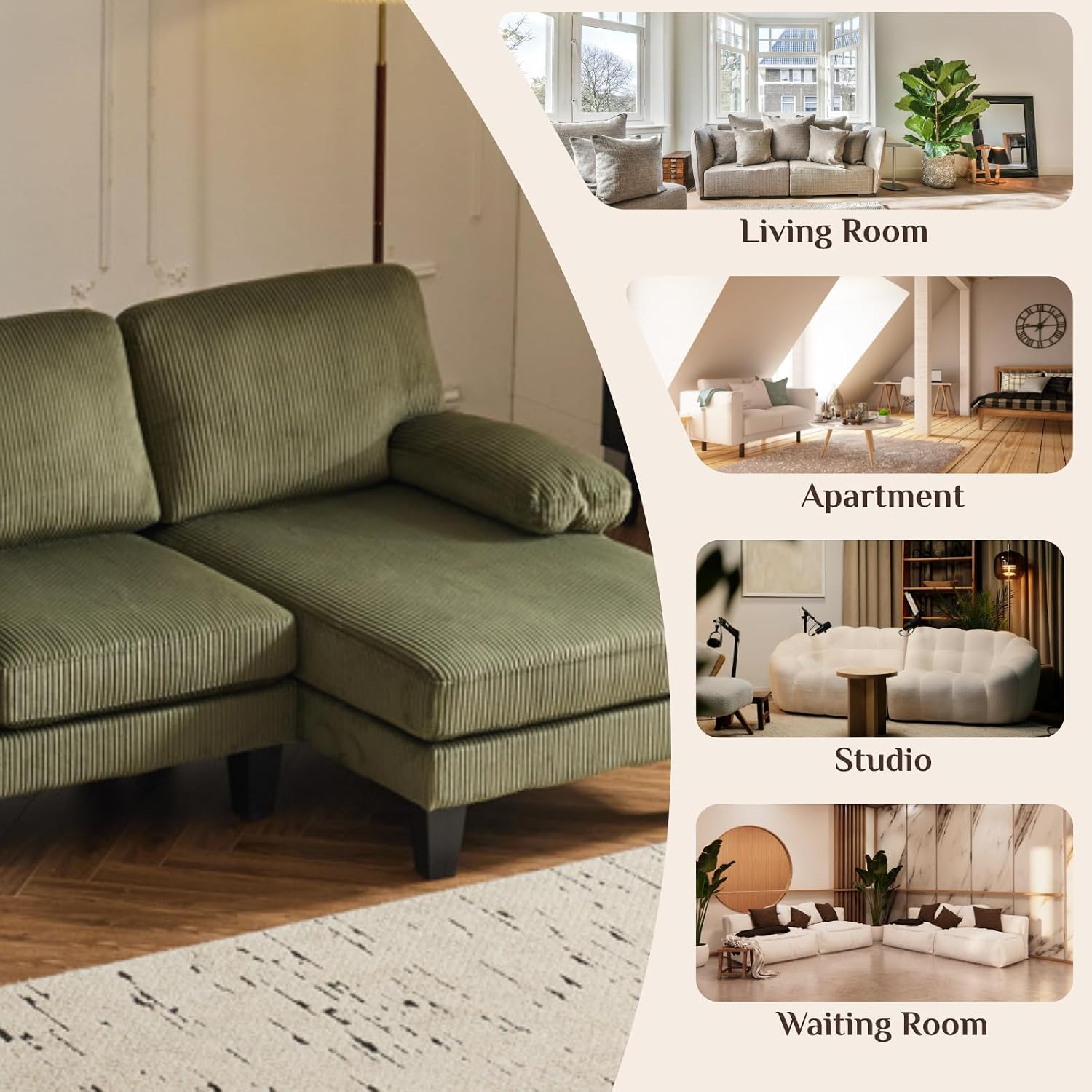 Karl home U-Shape Sectional Sofa Couch 111' Modern 4-Seat Sofa with Chaises Corduroy Fabric Upholstered Covertible Couch with Wood Grain Legs for Living Room, Reception Room, Apartment, Green