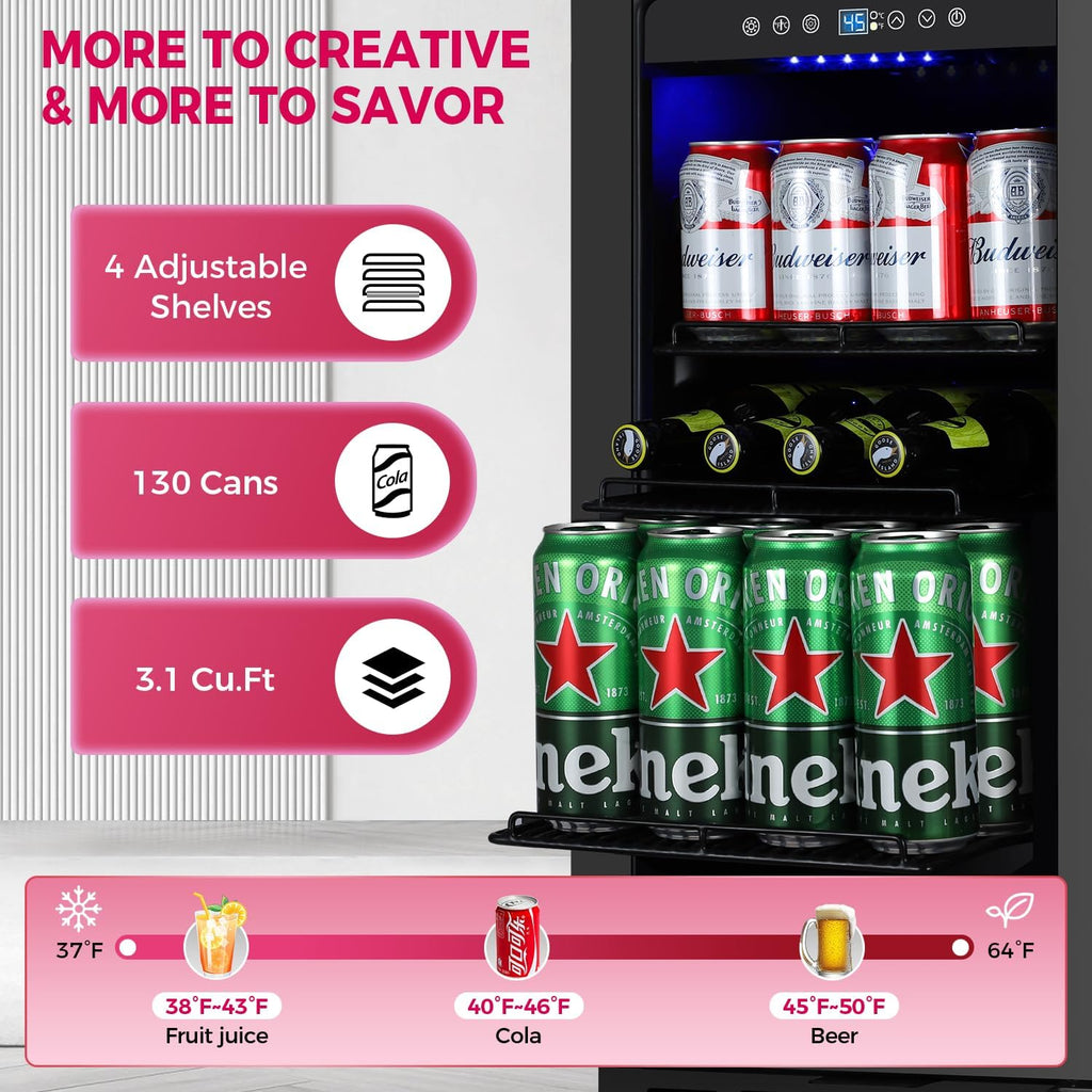15 Inch Beverage Cooler Refrigerator, 15' Beverage Cooler Under Counter 130 Cans Beverage Fridge with Glass Door, Freestanding or Built-In Mini Drinks Fridge with Lock for Soda, Beer, Black