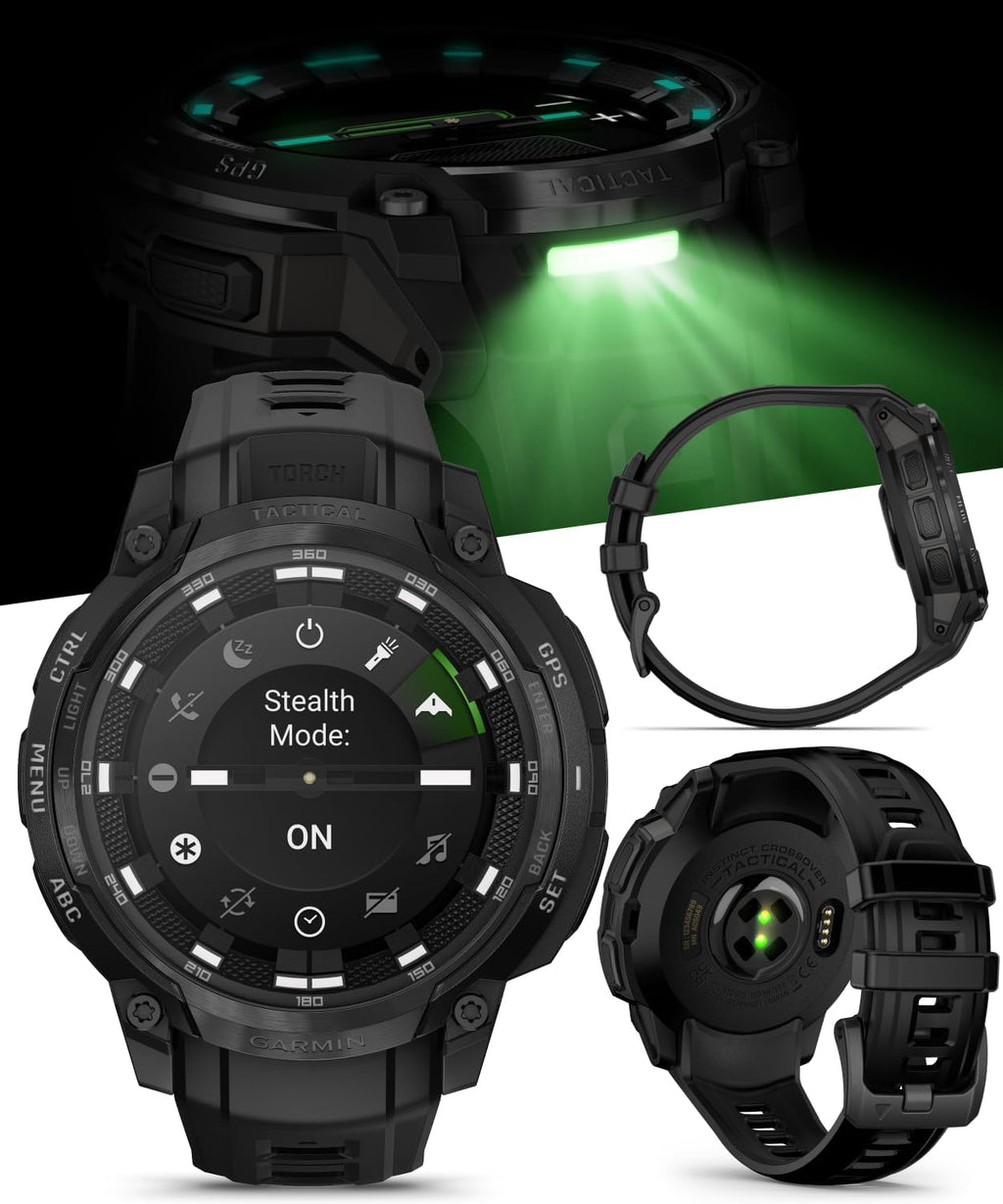 Garmin Instinct Crossover Tactical Edition Rugged Hybrid GPS Smartwatch, 1.2' AMOLED Sapphire, Analog Hands, Jumpmaster Activity, Applied Ballistics Black Earbuds Bundle