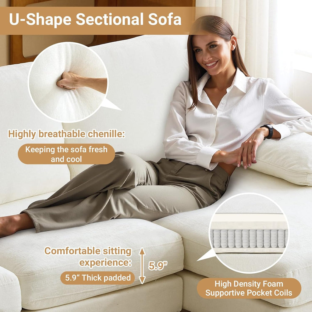 VINGLI 110' Sectional Couches for Living Room,U Shaped Couch with Double Chaise, 4-Seat Sofa Set with Chenille Fabric for Home Furniture,Beige
