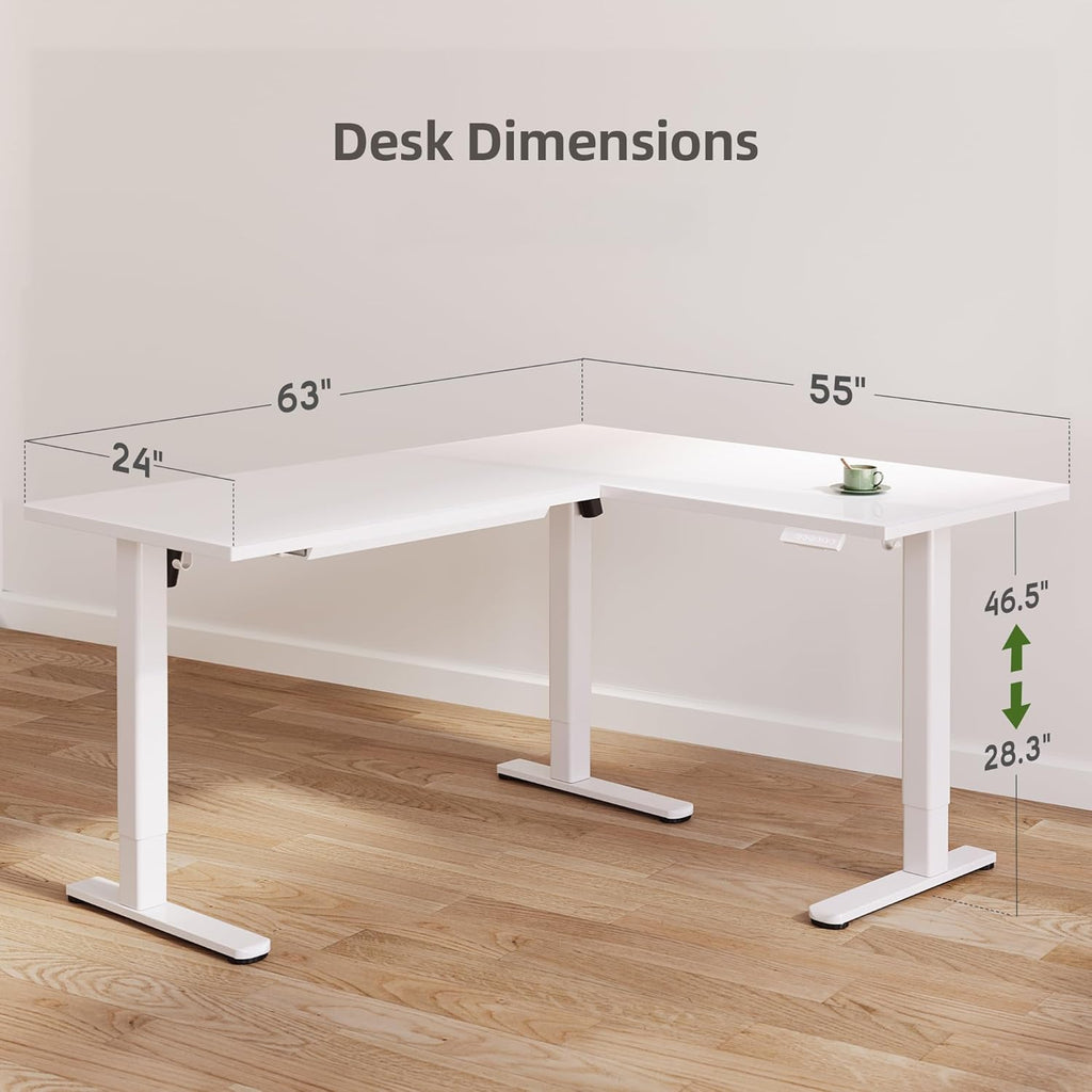 INNOVAR L Shaped Glass Standing Desk Adjustable Height, Dual Motor Electric Corner Standing Desk with Drawers, 63x55 inch Sit Stand up Desk with Splice Board for Home Office, White