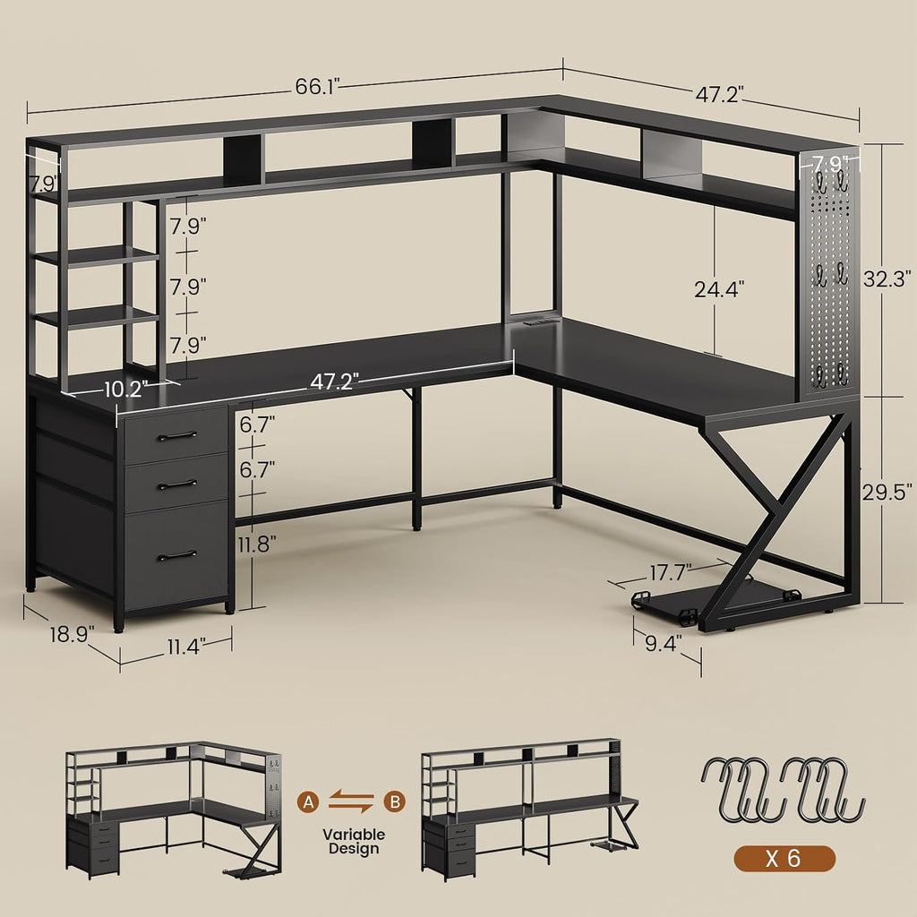SEDETA L Shaped Gaming Desk with Storage Shelves and Hutch, Convertible 94.5' Computer Desk with Drawers, Corner Computer Desk with Power Outlet, LED Lights, Pegboard for Home Office, Black