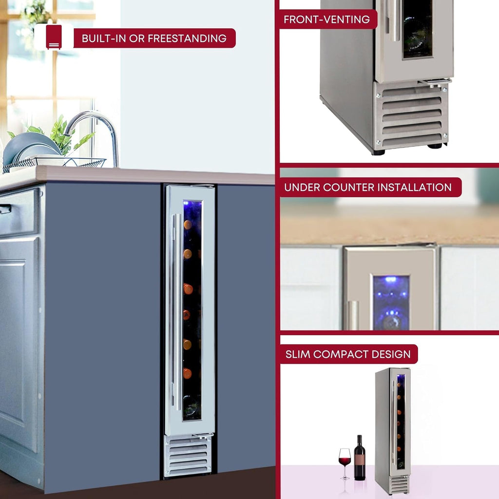 Koolatron 7 Bottle Slim 6 Inch Built-In Under-Counter Wine Fridge, Stainless Steel Door Frame Wine Cooler