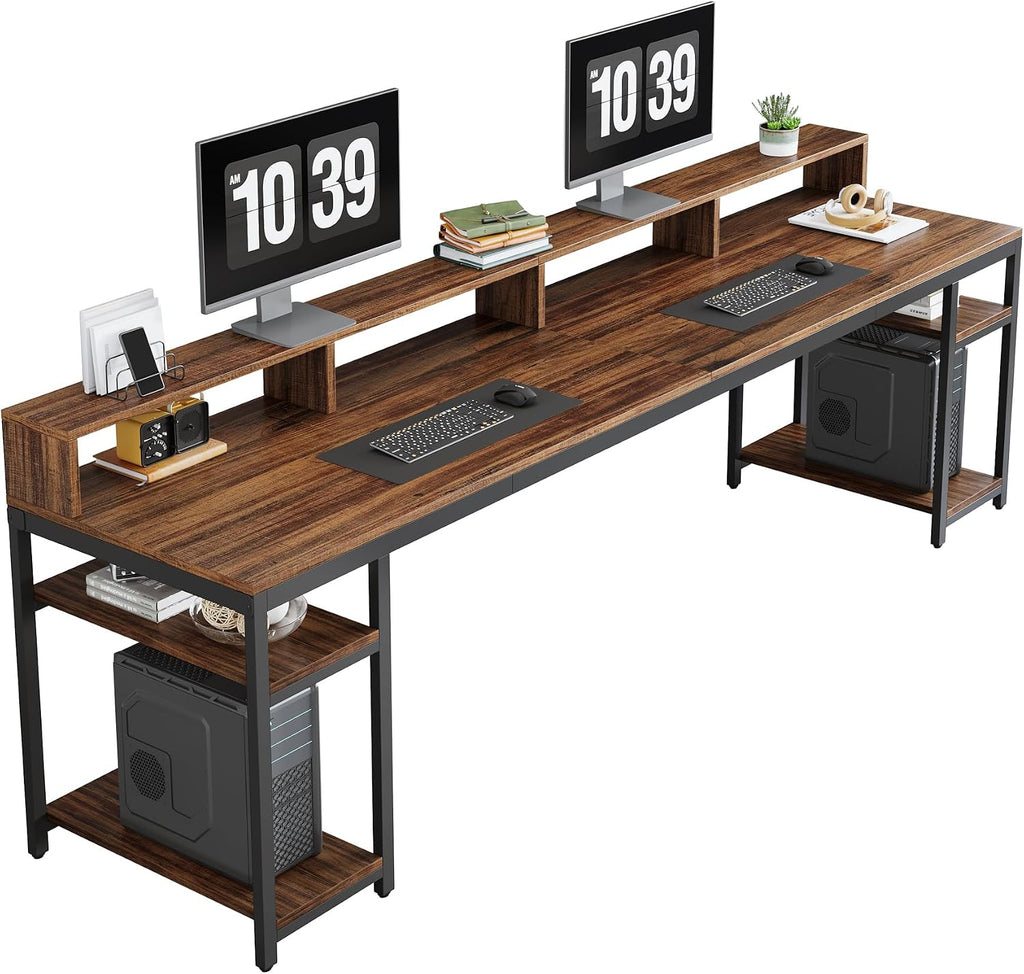 Tribesigns 78.74 Inches Extra Long Two-Person Desk, Double Computer Desk with Monitor Stand and Storage Shelves, Study Work Table for Home Office (Rustic Brown)