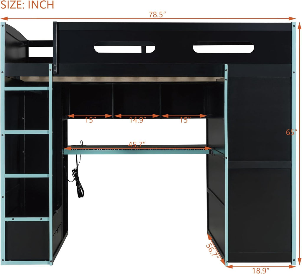 DNYN Full Size Loft Bed with Desk & Drawers & Storage Shelves & Led & Wardrobe Design for Bedroom,Gaming Style Wooden Bedframe w/Safety Guardrails & Blue Ladder,No Box Spring Needed, Black