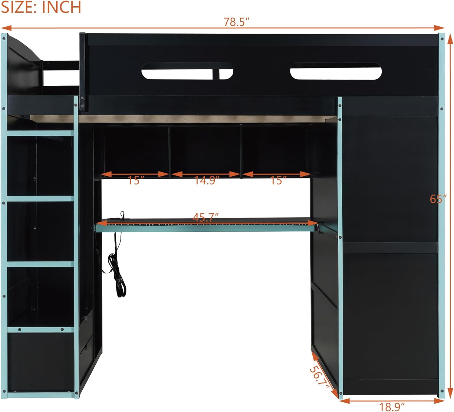 DNYN Full Size Loft Bed with Desk & Drawers & Storage Shelves & Led & Wardrobe Design for Bedroom,Gaming Style Wooden Bedframe w/Safety Guardrails & Blue Ladder,No Box Spring Needed, Black