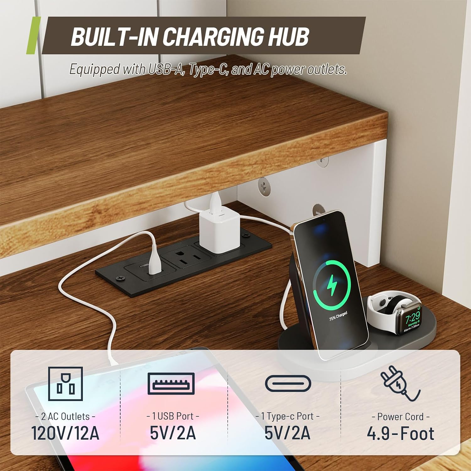 Farmhouse 63' L Shaped Standing Desk, Corner Computer Desk with Drawers, Office Desk with File Drawers with RGB Lighting & Charging Station, Monitor Stand and Storage Shelves, White and Walnut