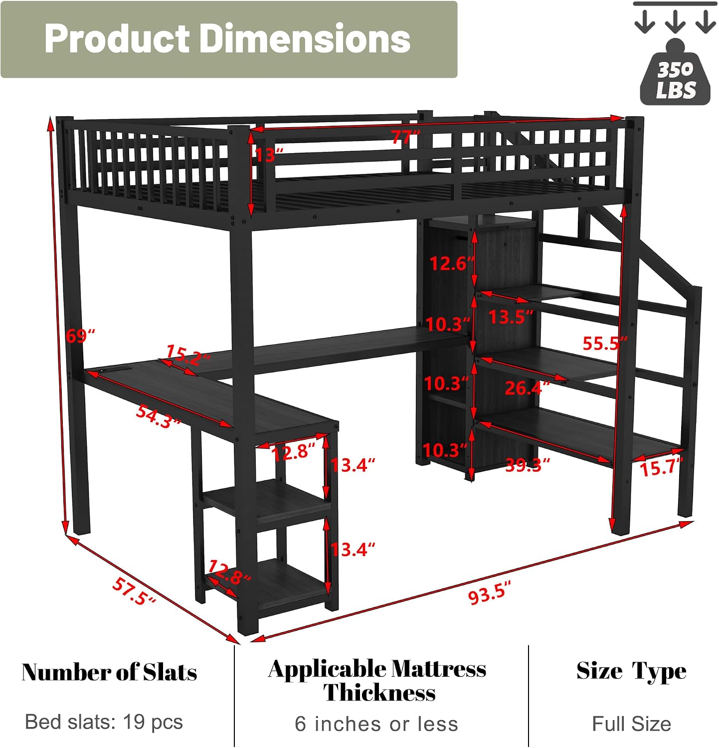 Full Size Loft Bed with Stairs and Desk, Metal Gaming Loft Bed with RGB LED Light, Heavy-duty Steel Loft Bed Frame with Storage Wardrobe, Shelves and Charging Station for Adults Kids Teens, Black